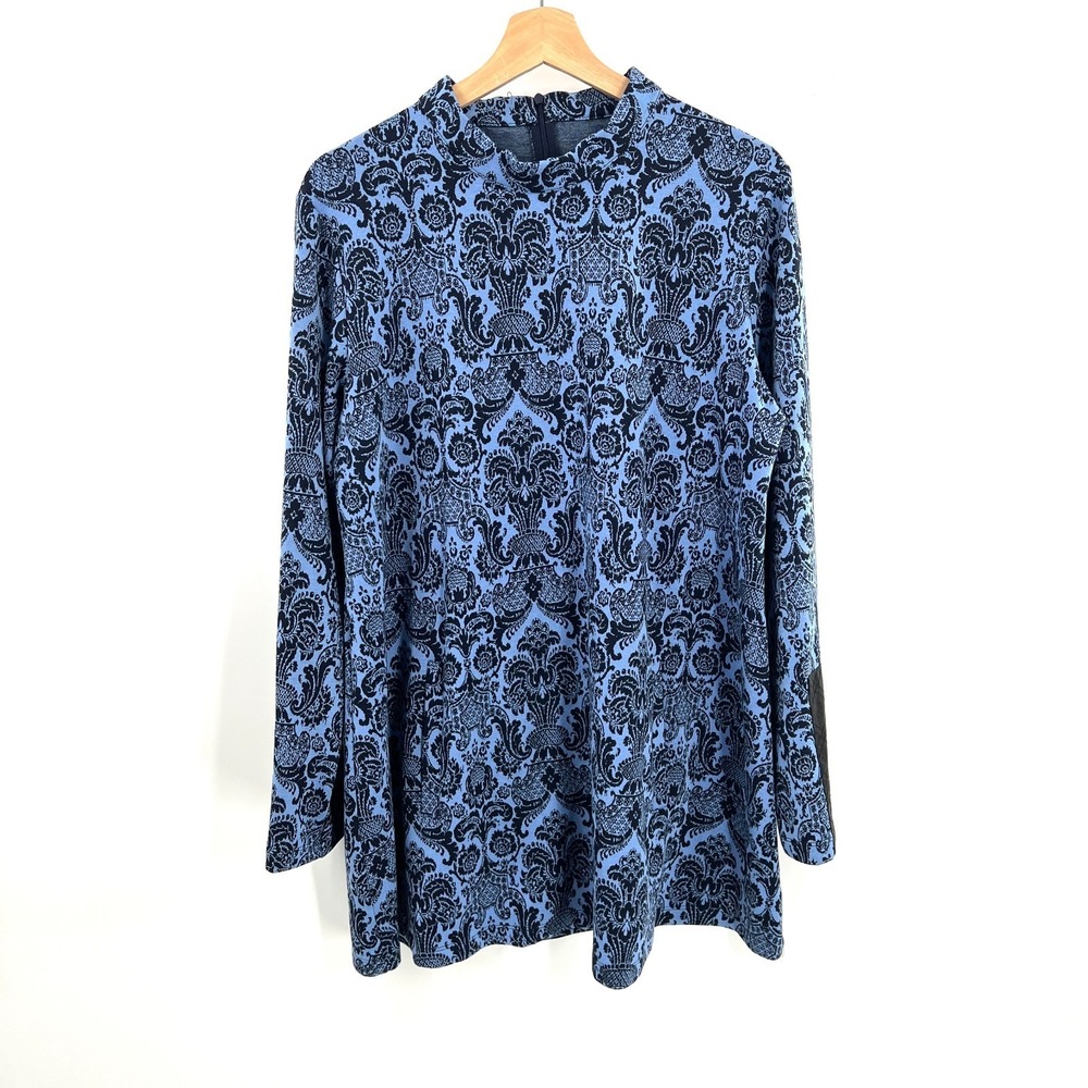 Damask high neck tunic long sleeve blue‎ black Scandi-chic coastal grandma top L